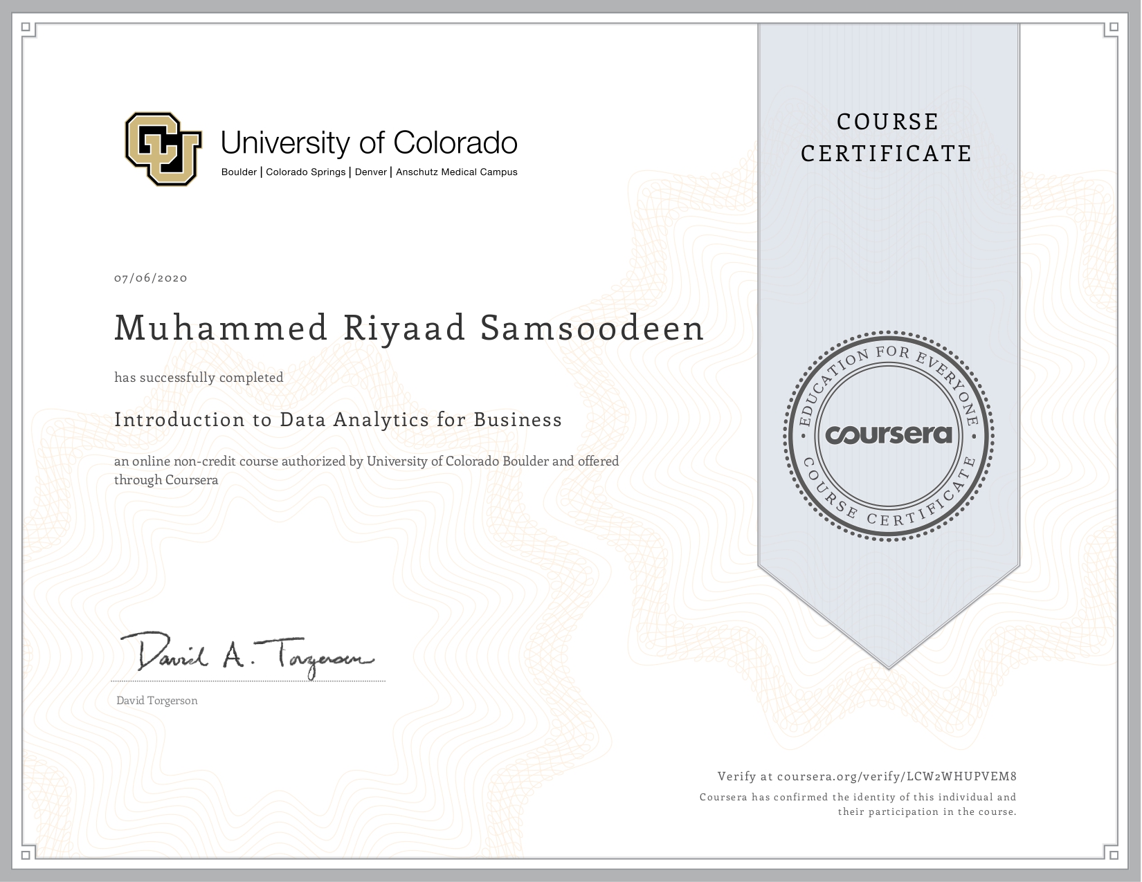 Coursera Certificate for Introduction to Data Analytics